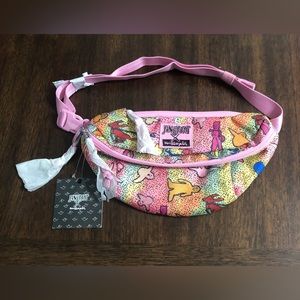 Jansport waist crossbody bag two zipper pockets adjustable clip straps pink.
